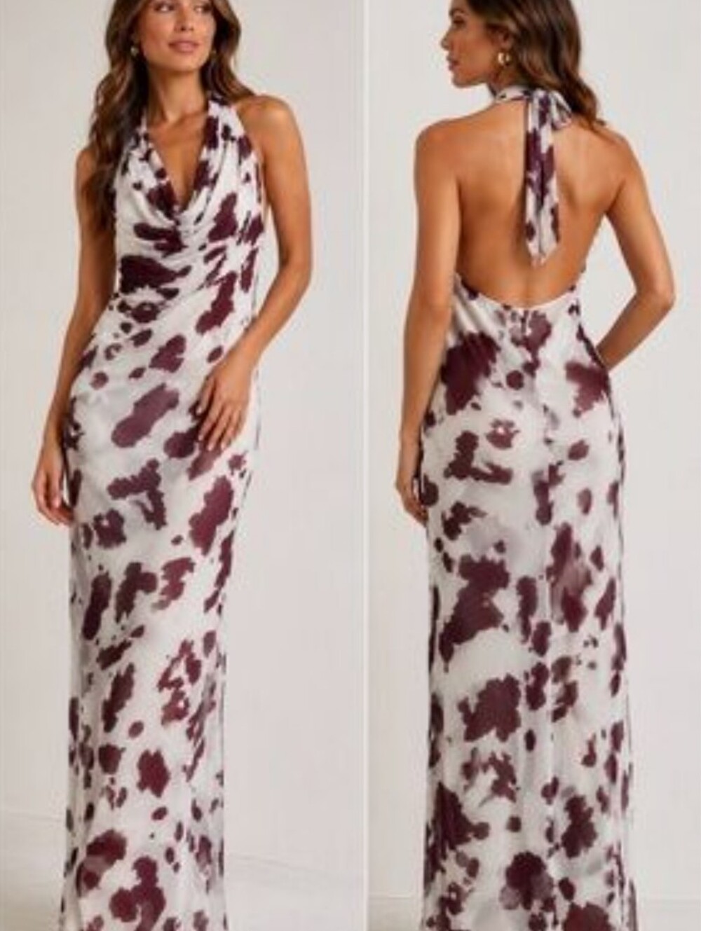 Sew You Monday Brown Cow-Print Halter Maxi Dress Sz M